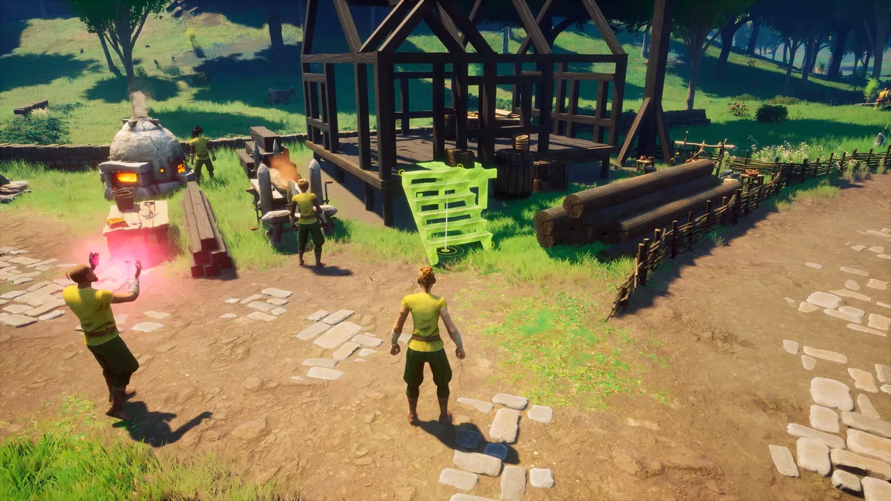 Players building the wooden frame of a house