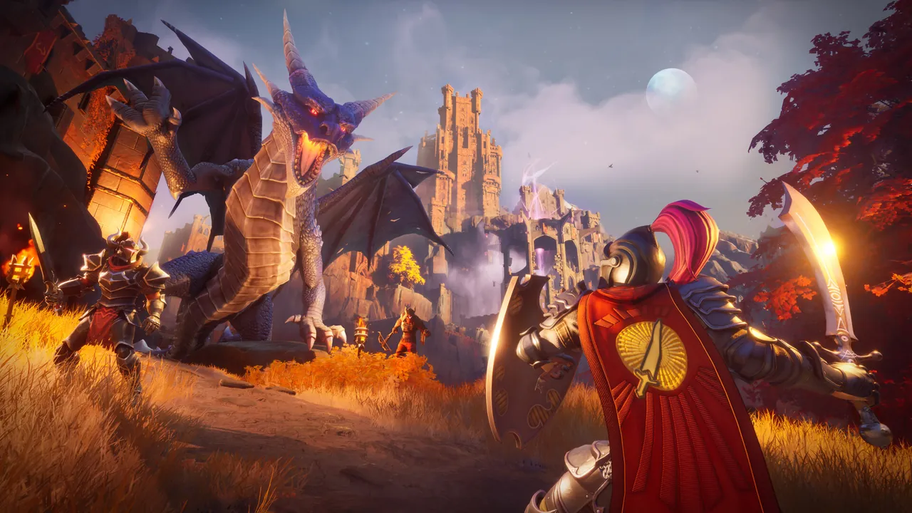 Adventurers facing a dragon near ruined stone towers