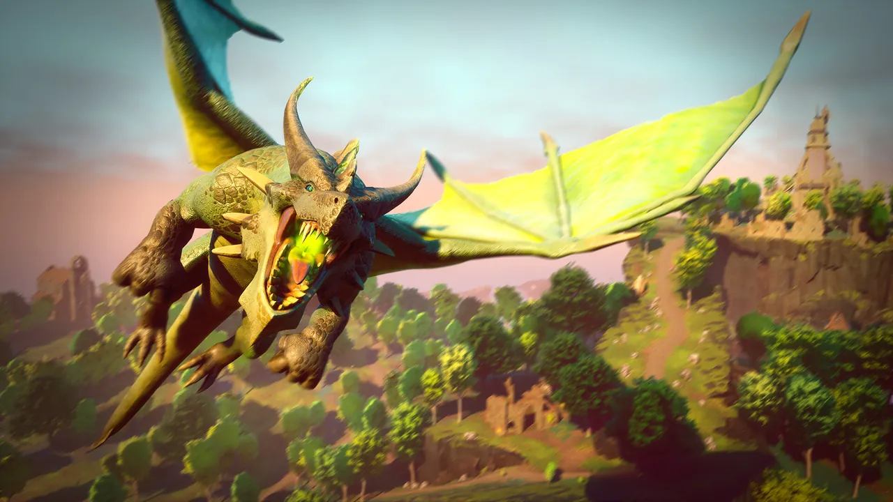 A green-winged dragon flying above a settlement