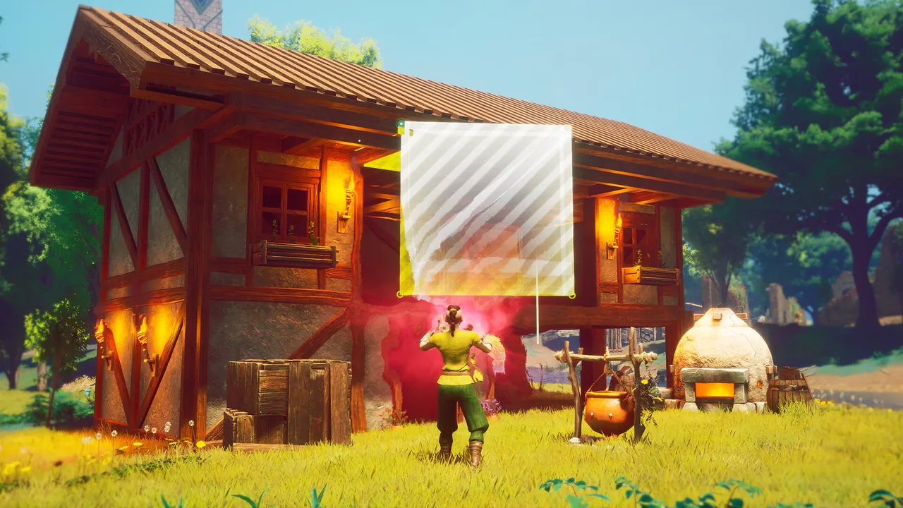 A player placing a translucent building piece beside a wooden house