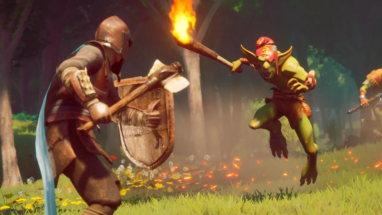A shield-bearing adventurer fighting a goblin-like enemy