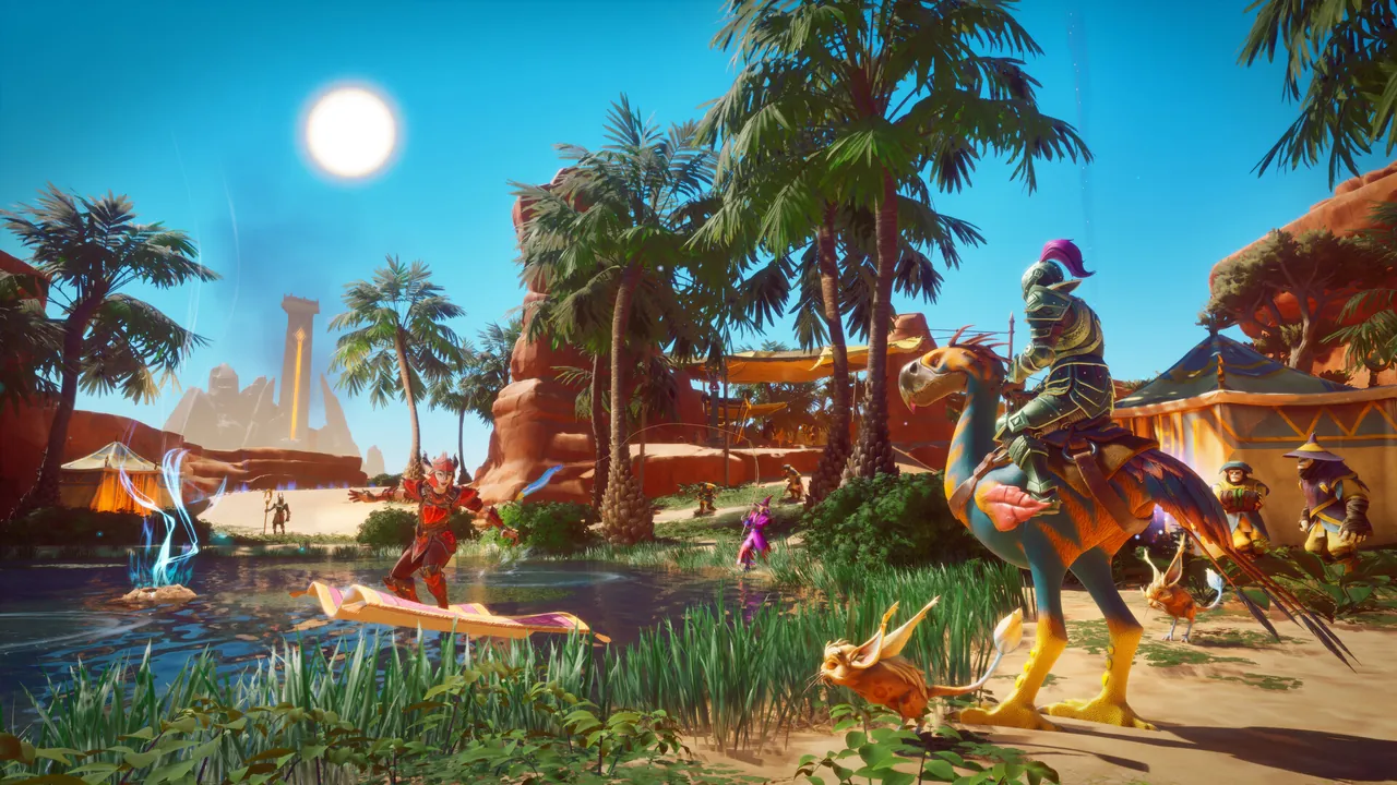 A character riding a bird-like mount through a sunny settlement