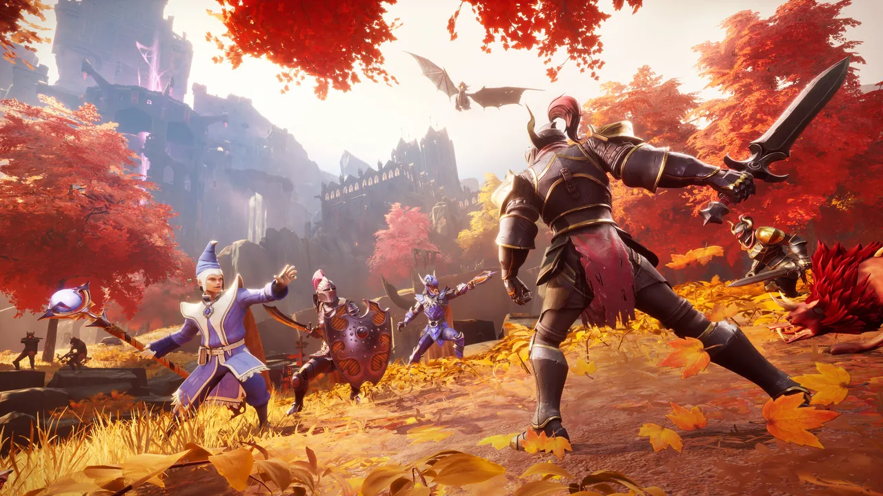 Several adventurers fighting outdoors among red trees
