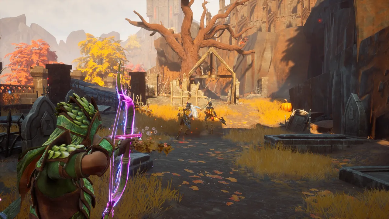 A bow user aiming along a forest road