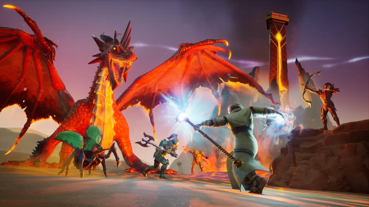 Adventurers fighting a red dragon in a rocky landscape