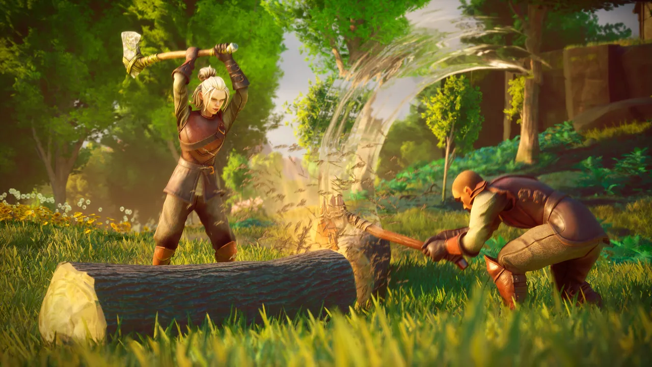 Two characters chopping a fallen tree in a forest